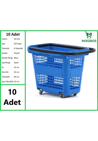 Tekerlekli Plastik Market Alışveriş El Sepeti 54 Litre Mavi 10 Adet