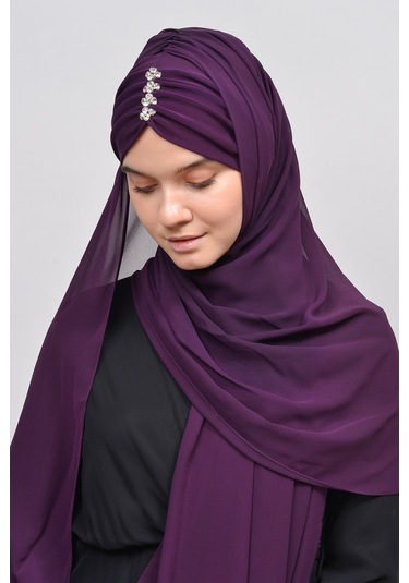 Altobeh Zarif Taşlı Drapeli Hazır Pratik Şifon Kadın Tesettür Şal - Koyu Mürdüm