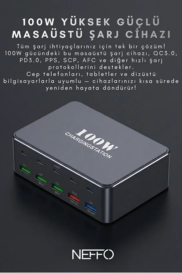 100w Süper Hızlı Akıllı Şarj İstasyonu 10 Port Usb + Type-c Güç Dağıtımlı Adaptör 1