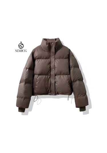 Yeni Kışlık Yıkanmayan Deri Kısa Kalınlaştırılmış Kadın Pamuklu Mont Kahverengi