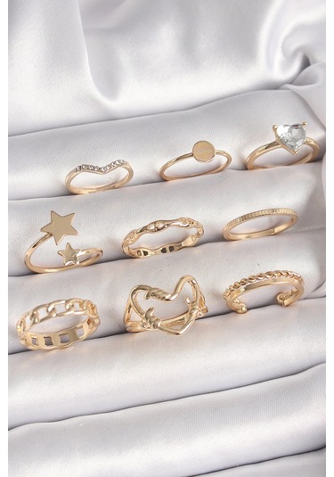 Pirinç Gold Renk Zirkon Taş Detaylı Kalp Yıldız Figür Kadın Yüzük Kombini - Tj-byk3662 Çok Renkli