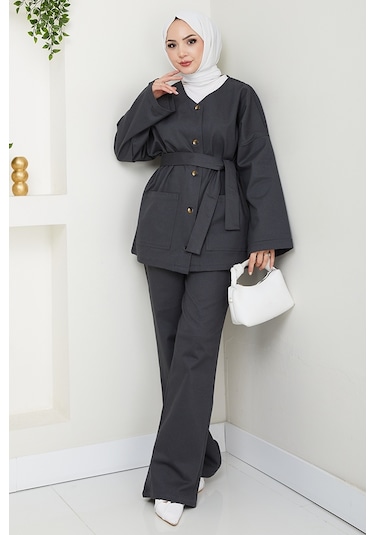 Kemerli Ceket Pantolon Gabardin Takım 1557 - Antrasit Antrasit