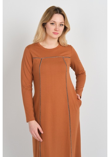 Sistas Kadın Parlak Taş Detaylı Uzun Kollu Çift Cepli Elbise 23824 Kiremit Kiremit