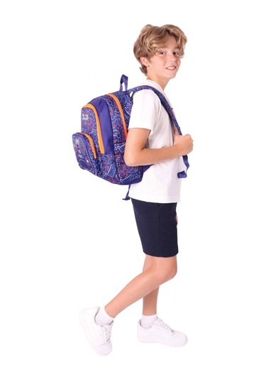 Kaukko Kids Üç Bölmeli Lacivert Turuncu - Oyun Desenli Erkek Çocuk Okul Ve Günlük Sırt Çantası - L5281 Lacivert - Turuncu
