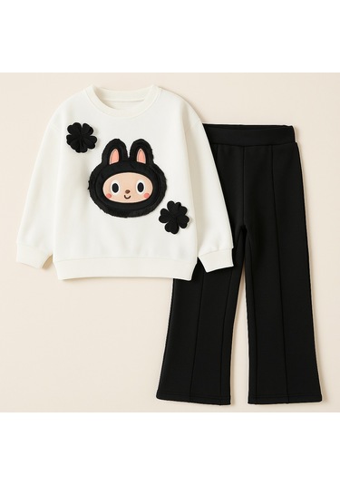 Kız Çocuk 3 İplik Şardonlu Peluş Baskı Detaylı Sweatshirt - Eşofman Alt Üst Takım Siyah Beyaz