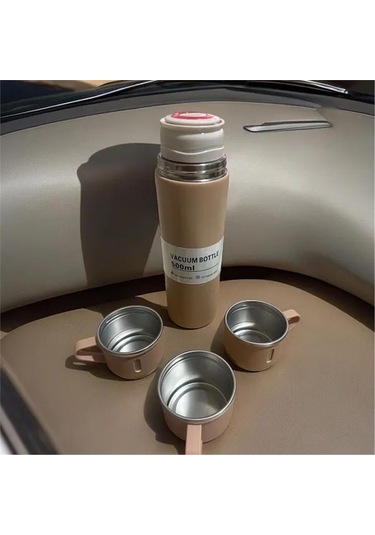 Kişiselleştirilebilir 3 Bardaklı Çelik Termos 05 Lt Kahverengi Kahverengi