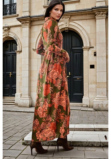 Haki Gömlek Yaka, Çiçek Desenli, Kuşak Detaylı, Uzun Elbise Haki