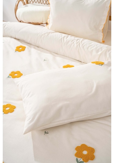 Florita Sarı Çift Kişilik Nakışlı 6 Parça %100 Pamuklu Nevresim Takımı & Çeyiz Seti