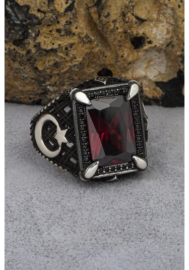 Yüzük Sanatı Dikdörtgen Ayyıldız Motifli Kırmızı Taşlı 925 Gümüş Erkek Yüzük