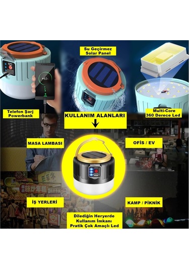 Exeo Güneş Enerjili Solar Led Su Geçirmez Usb Şarjlı Kamp Feneri 1 Adet