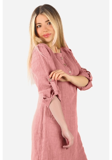 Keten Midi Elbise Pembe