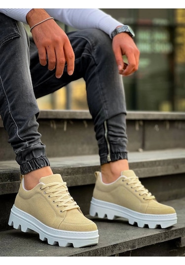 Kb-056 Kuback Bej Süet Beyaz Yüksek Taban Günlük Spor Ayakkabı Beyaz