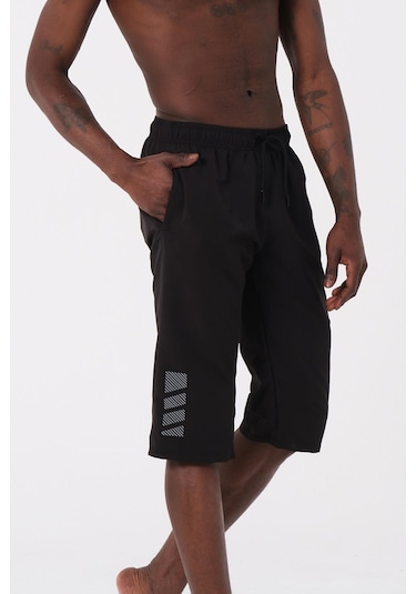 Siyah Büyük Beden Diz Altı Uzun Boy Basic Model Su İtici Özellikli Erkek Plaj Deniz Kapri Şort 001