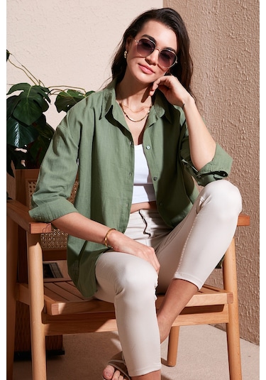 Lela Pamuklu Regular Fit Uzun Kollu Düz Bayan Gömlek Cf25S168305 Haki