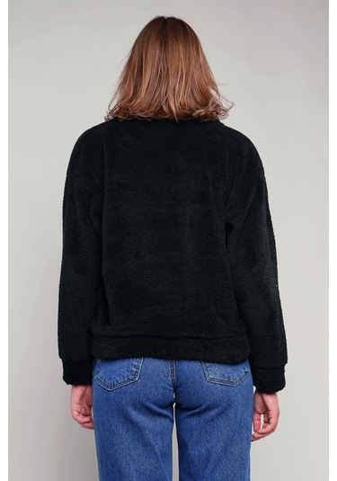 Gabria Kanguru Cepli Yarım Fermuarlı Peluş Sweat Siyah