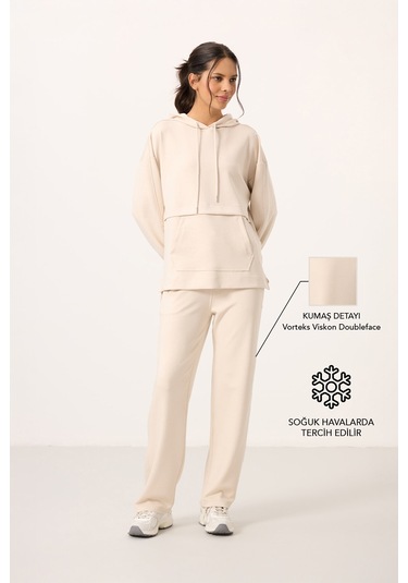 Bej Yumuşak Dokulu Kapüşonlu Oversize Kadın Eşofman Tunik Takım - 95348 Bej