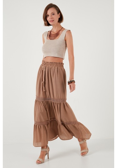 Lela Güpürlü Beli Lastikli Uzun Bayan Etek 611Et0106 Camel