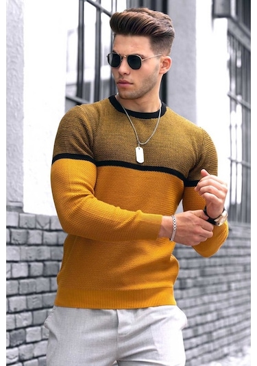 Madmext Hardal Renk Bloklu Erkek Kazak 4734 Hardal