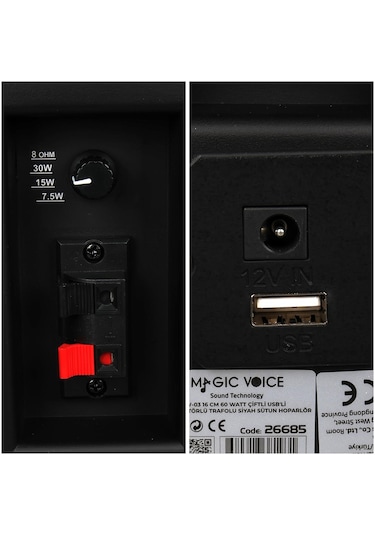 Magicvoice Mv-03 16 Cm 60 Watt Komütatörlü Hat Trafolu Siyah Sütun Hoparlör 2'li Okul Cami Konferans Salonu Hoparlörü