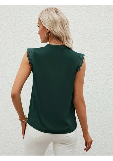 Kadın Kısa Dantel Kollu Hakim Yaka Ithal Krep Bluz Yeşil