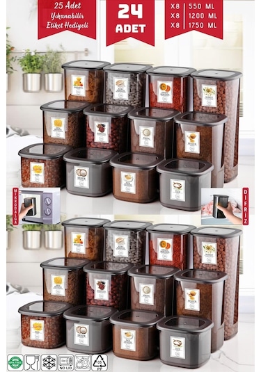 Nandy Home Etiketli Ekonomik Kırılmaz Saklama Kabı Seti Antrasit 24'lü 1.75 - 1.2 - 0.55 L Antrasit