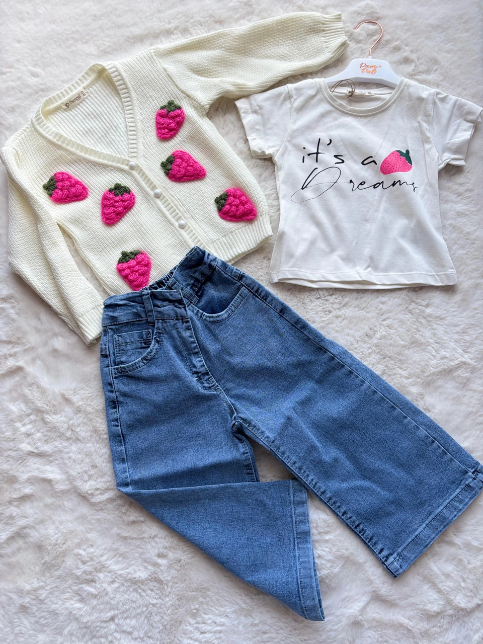 Triko Hırkalı 3 Lü Takım Fuşya Çilekli Ekru