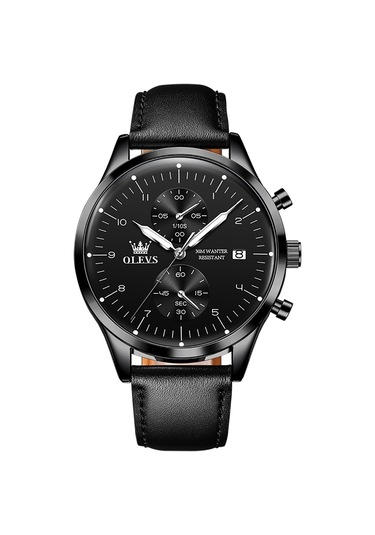 Olevs 2880 Erkekler Çok Fonksiyonlu İş Su Geçirmez Deri Kayış Kuvars İzle Siyah