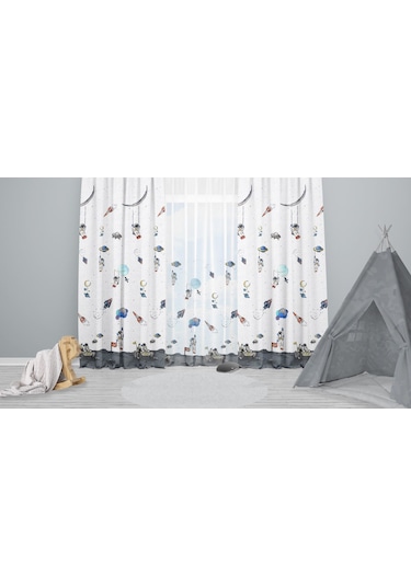 Uzay Gemisi - Gemici Gemi - Balonlu - Elisa Prenses Desenli Renkli Çocuk Odası Fon Perde Çok Renkli