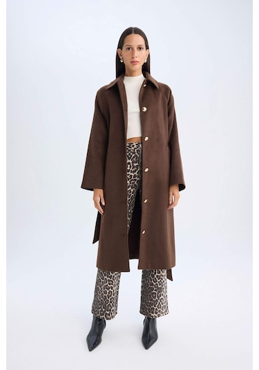 DeFacto Relax Fit Uzun Kaşe Kaban Polo Yaka Düğmeli Kemerli Cepli C9467AX24WNBN495 Kahve DeFacto Relax Fit Uzun Kaşe Kaban Polo Yaka Düğmeli Kemerli Cepli C9467AX24WNBN495 Kahve