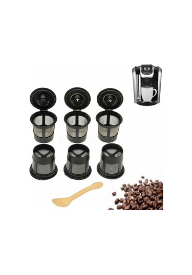 Ximistore9 Keurig K Makinaları İçin Yeniden Kullanılabilir Kahve Filtresi, 6 Adet Paket + Kaşık, Paslanmaz Çelik Ağızlı Kapağıyla Siyah