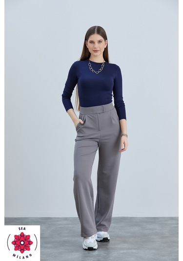 Kadın Gri Cırt Cırtlı Kapama Rahat Palazzo Likralı Esnek Beli Lastikli Pantolon Yüksek Bel Gri