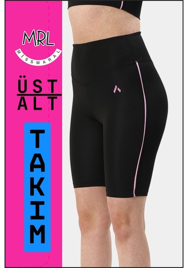 Kadın Siyah Takım Alt-üst Kısa Şort-tayt Ve Pedli Sporcu Büstiyer 2li Set Lila Biyeli Elt3043 Siyah Lila