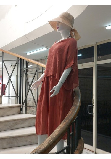 İtalyan Müslin Keteni Üstü File Bluzlu Astarlı Tek Parça Elbise Gül Kurusu