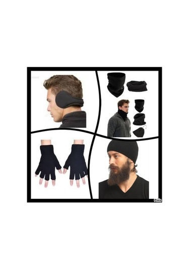 Fonem Erkek Bere Kışlık Sade Set Bere +Polar Bere+ Boyunluk +Kulaklık + Kesik Parmak Eldiven Siyah