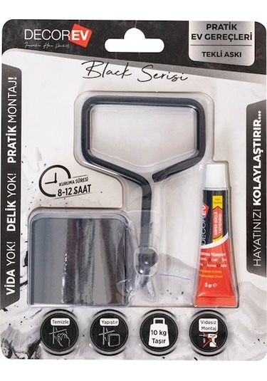 Askılık Tekli Siyah metal Havluluk Yapışkanlı Siyah