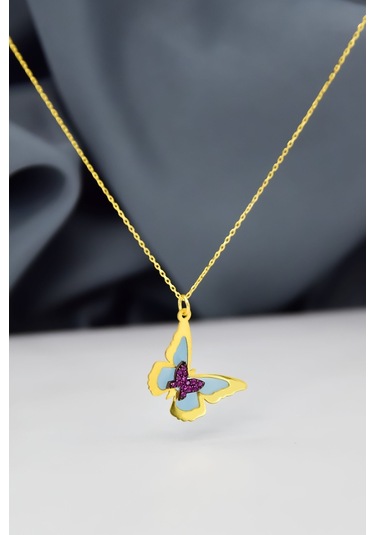 925 Ayar Gümüş Gold Kaplama Rüya Serisi Cam Boyalı İç İçe Kelebek Kolye