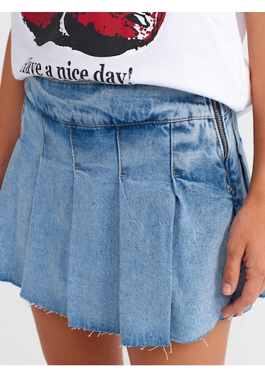 Dilvin Yandan Fermuarlı Pileli Denim Şort Etek Mavi