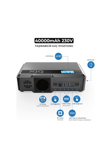 Bix 40000mAh 230V 100W Inverter Powerbank 2*USB 1*Type-C PD Çıkışlı LED Işıklı Şarj İstasyonu