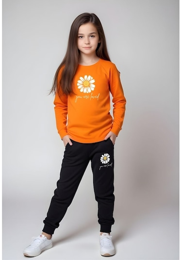 Fyk Kids Bel Detayı Lastikli Baskılı Kız Çocuk Alt-üst Takım Turuncu