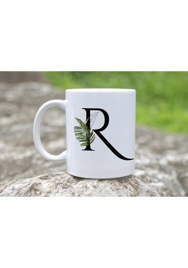 R Harf Zarif Yaprak Desenli Kupa Bardak - Naturel Sade Alfabe Harfli Bardak - Kişiye Özel Hediye Beyaz