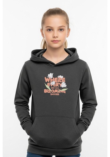 Kanguru Cepli Kız Çocuk Sweatshirt Where Every Yazı Baskılı Füme