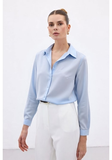 Sateen Düz Klasik Gömlek - Mavi-136998 Mavi