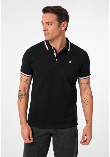 Javeir Erkek Regular Fit Çizgi Detaylı Polo Yaka T-shirt Siyah