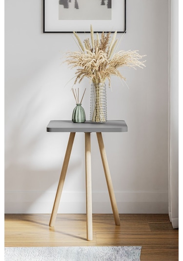 İntergo Kare Tasarımlı Ahşap Ayaklı Tekli Zigon Sehpa Antrasit Gri
