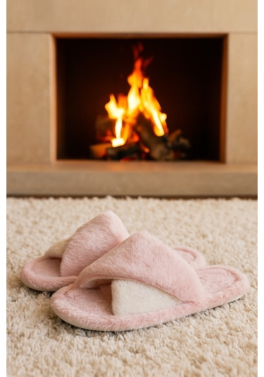 Softıe Çapraz Kadın Ev Terliği Kışlık Terlik Sessiz Taban Pudra