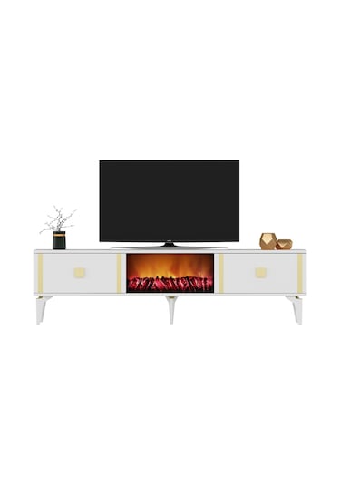 Dorruk Tv Sehpası Alt Modül Şömineli Beyaz-altın