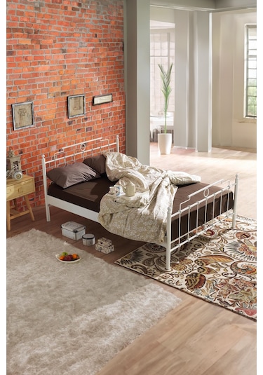 Hatkus Çift Kişilik Ferforje Metal -beyaz Ahşap Latalı Karyola