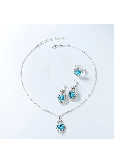 Elegant Yuvarlak Quvars Saat Analog Ve Kolye+küpe+yüzük Takım Açık Mavi