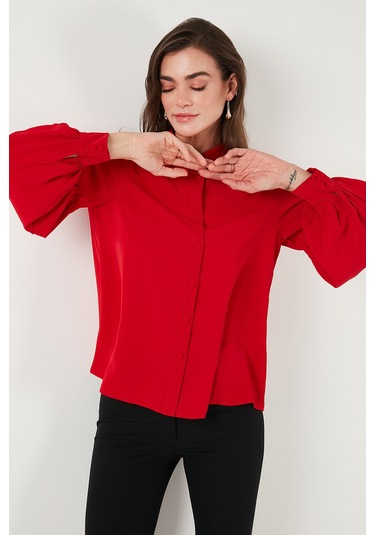 Lela Regular Fit Dikiş Detaylı Düz Yaka Balon Kol Bayan Gömlek 611Go00003 Kırmızı