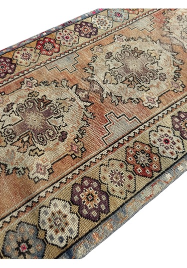 El Dokuma Vintage Eskitme Maden Halısı 94x300 Yün 3 Metre Yolluk Renkli